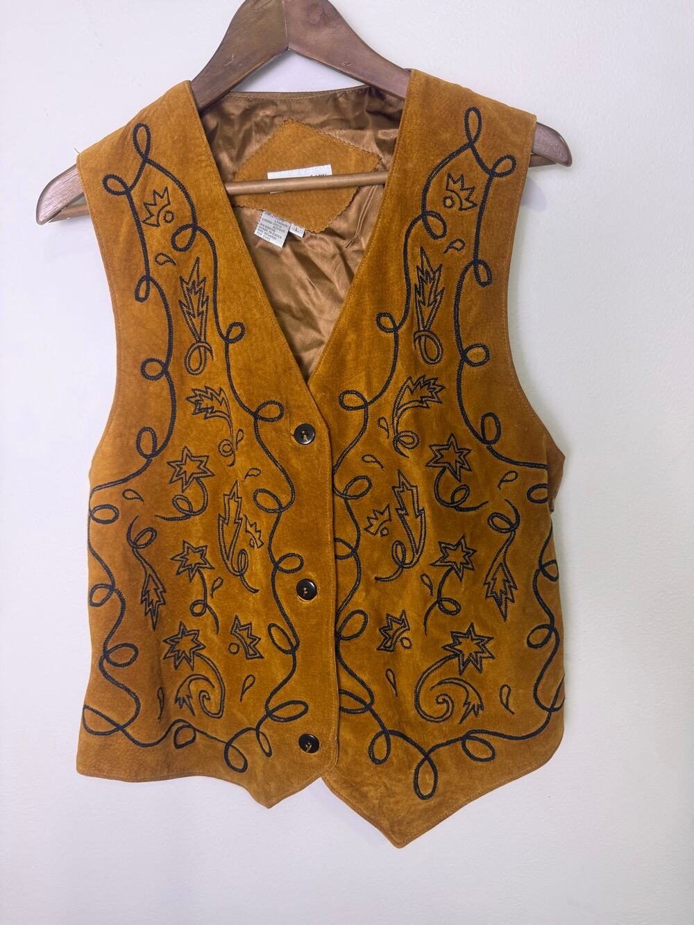 Vintage Accessory Lady Leather Vest Womens L Brown Embroidered Western Boho